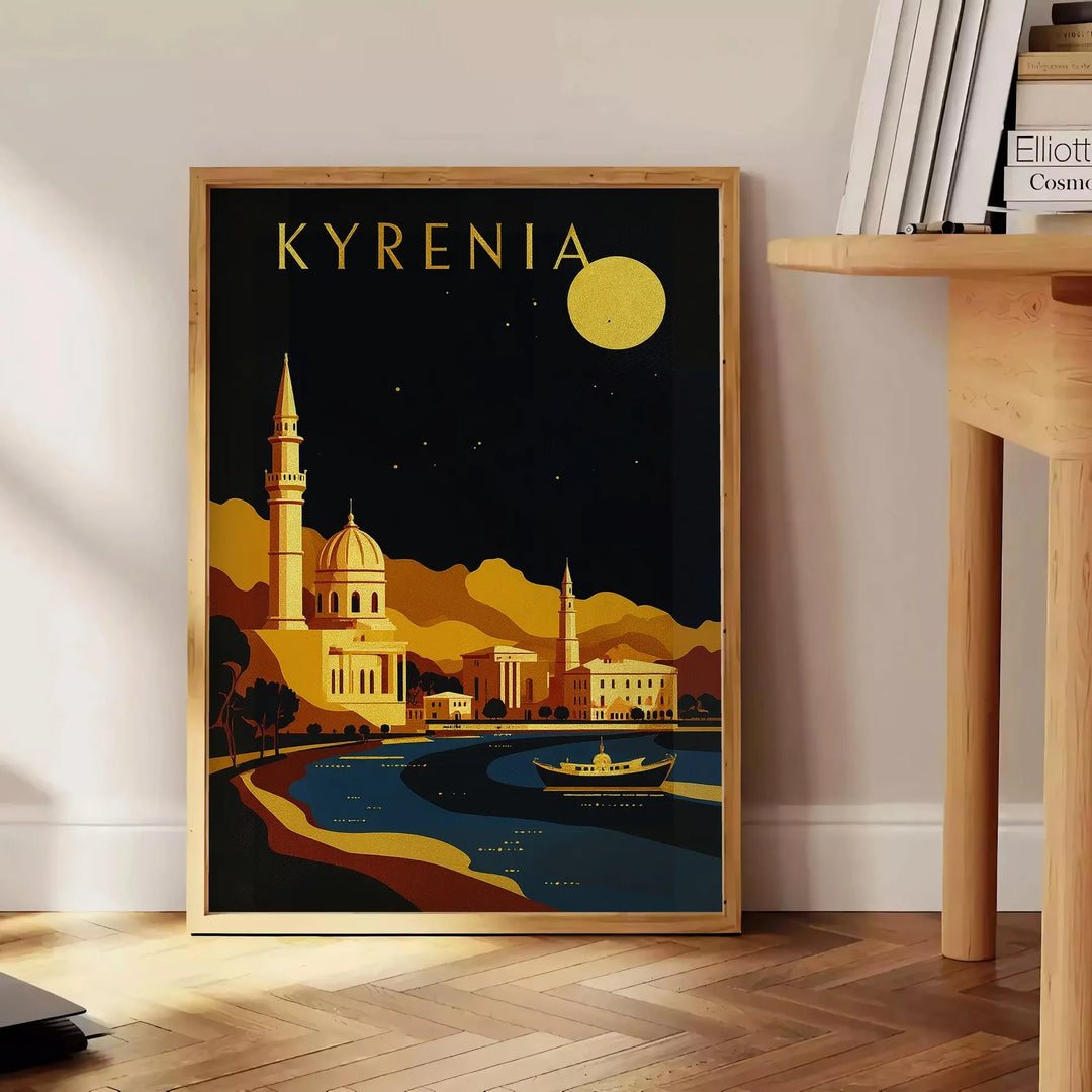 Manifesto vintage Art Déco di Kyrenia in arancione e nero.