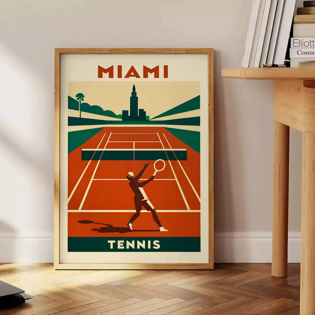 Póster de ténis de Miami, com cores vibrantes em laranja e vermelho, ideal para amantes de desporto. Disponível nas dimensões