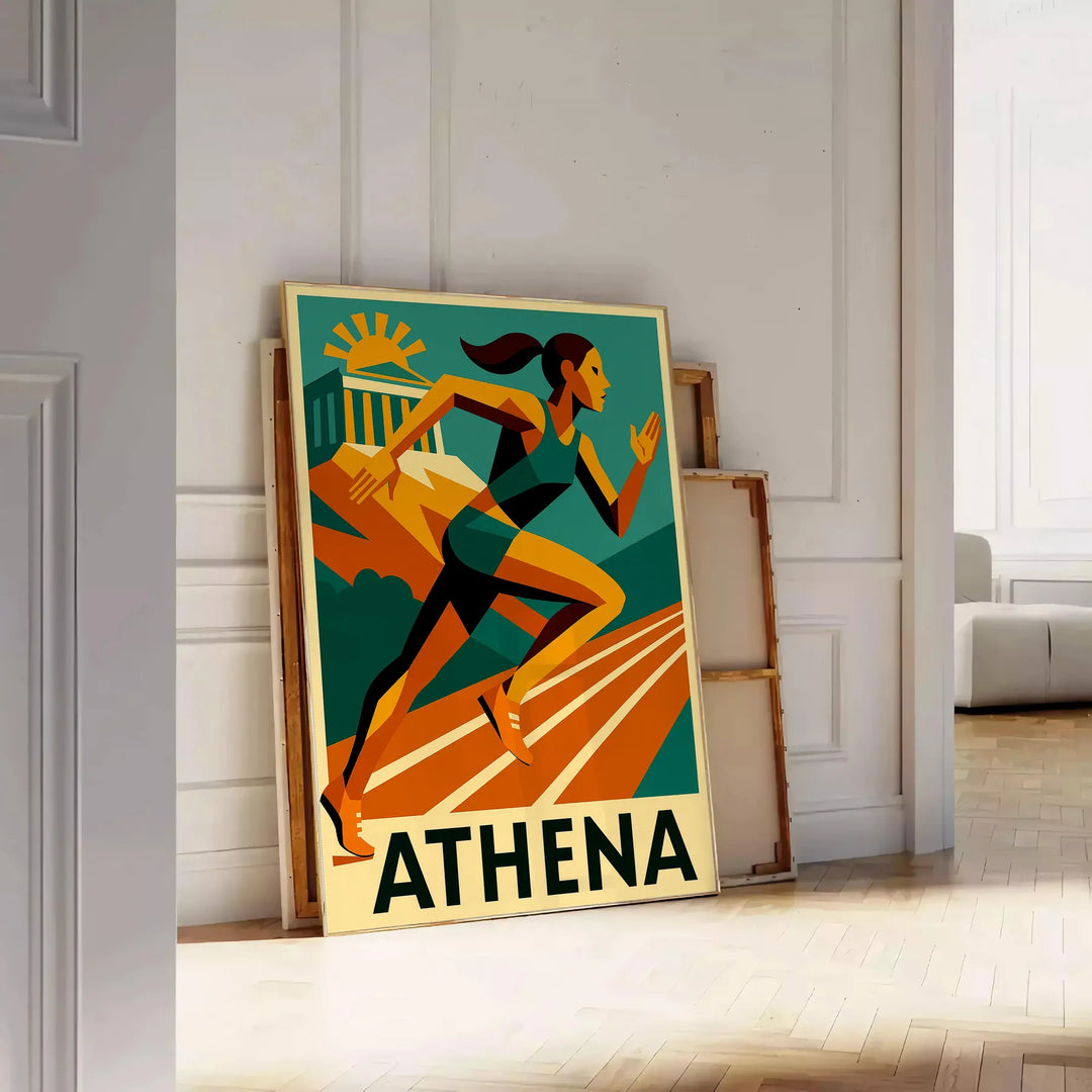 Färgglad poster med Athletics Athena-motiv i gröna och röda nyanser, perfekt för sportentusiaster. Finns i flera storlekar