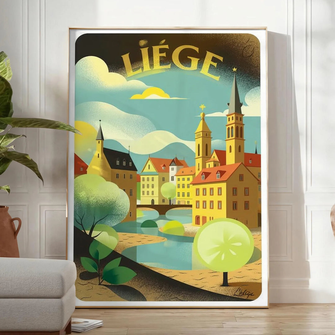 Póster vintage Art Déco de Lieja, Bélgica, paisaje urbano estilizado verde y blanco