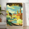Póster vintage Art Déco de Lieja, Bélgica, paisaje urbano estilizado verde y blanco