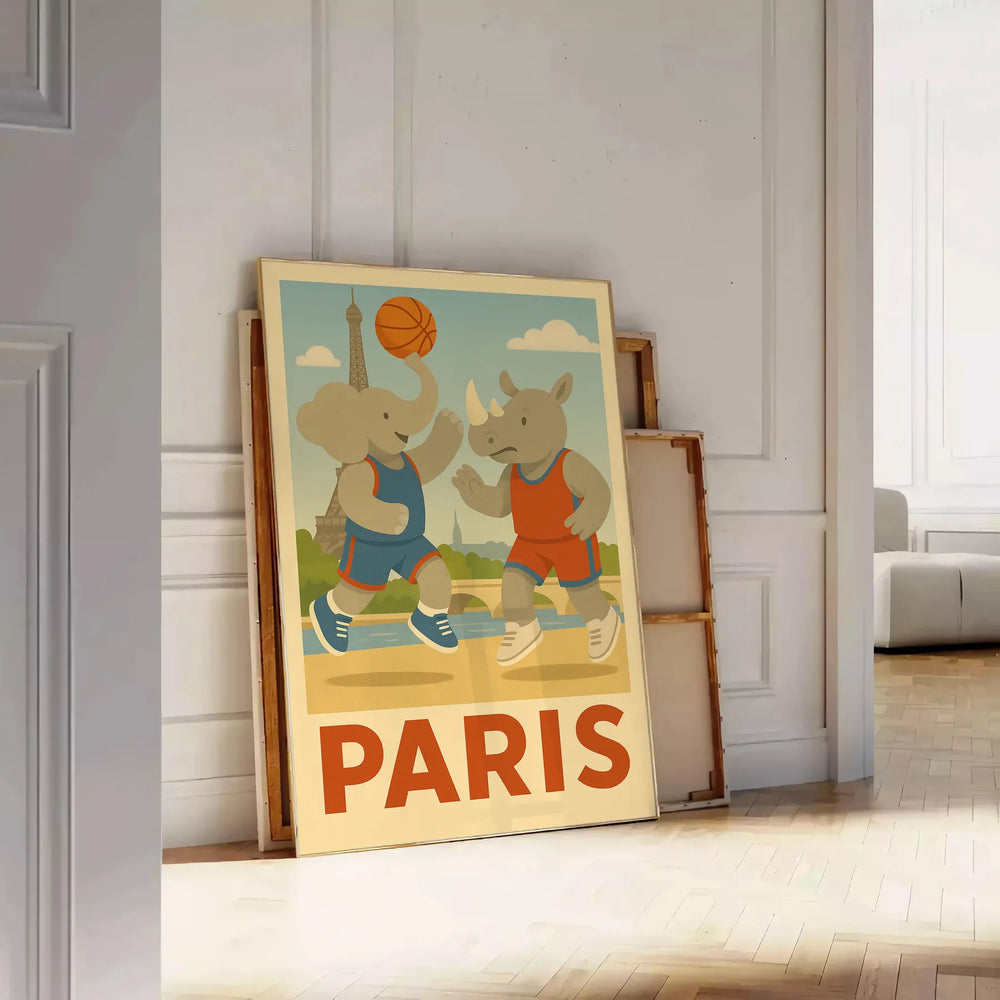touch whimsy space vintage basketball poster charming kid elephants rhinoceros Parisian setting lover art deco print flair wall collection sizes A4 cm A0