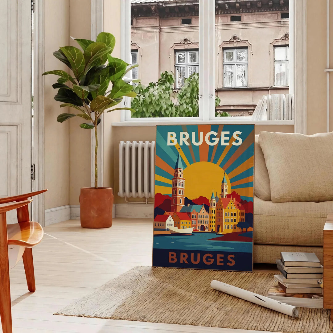 Poster vintage Art Déco di Bruges con veduta cittadina gialla e verde