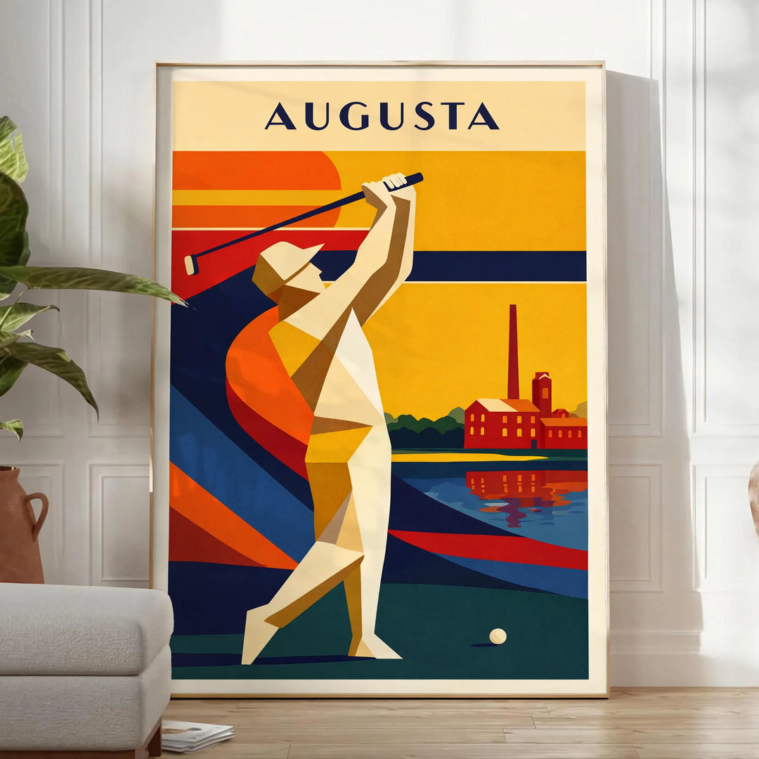 Illustration vintage du Augusta National Golf Club avec des collines vertes et un ciel bleu