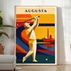 Illustration vintage du Augusta National Golf Club avec des collines vertes et un ciel bleu