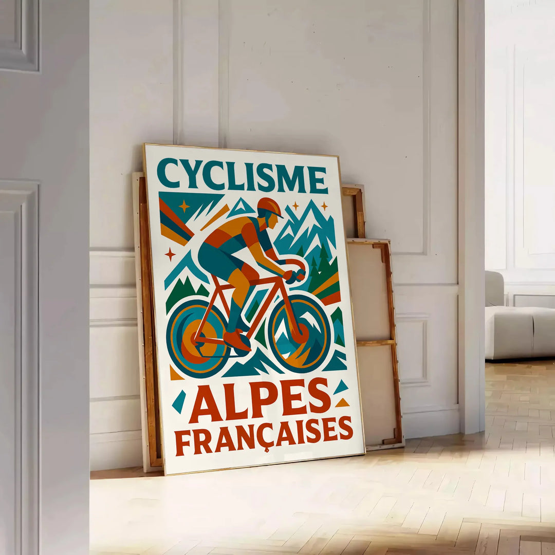 Affiche captivante cyclisme Alpes françaises Tour France teintes vibrantes rouge bleu intérieur passionnés formats cm pièce unique disponibles A4 A0