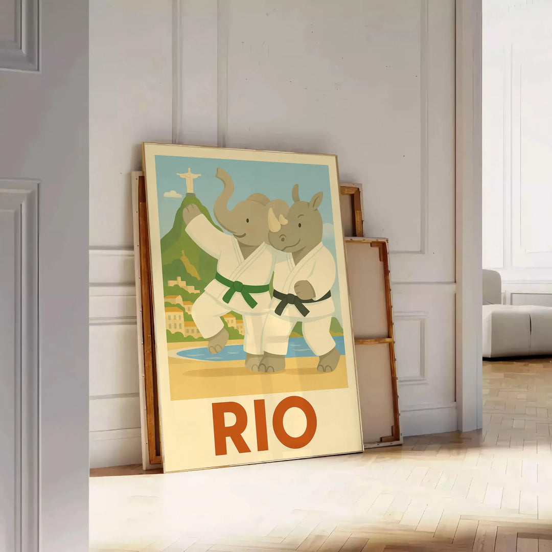 delightful kid elephant rhino judo poster vibrant spirit Rio de Janeiro playful interplay gray green eye design perfect child space unique today unframed options