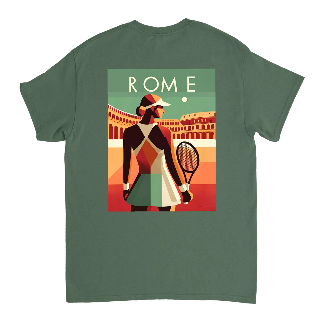 情熱的なファンとスタイリッシュなアスリートのためにデザインされたローマテニスTシャツ。コート内外での着用に最適な鮮やかなテニスグラフィックが特徴。柔らかく通気性のあるコットン素材で快適さを提供します。