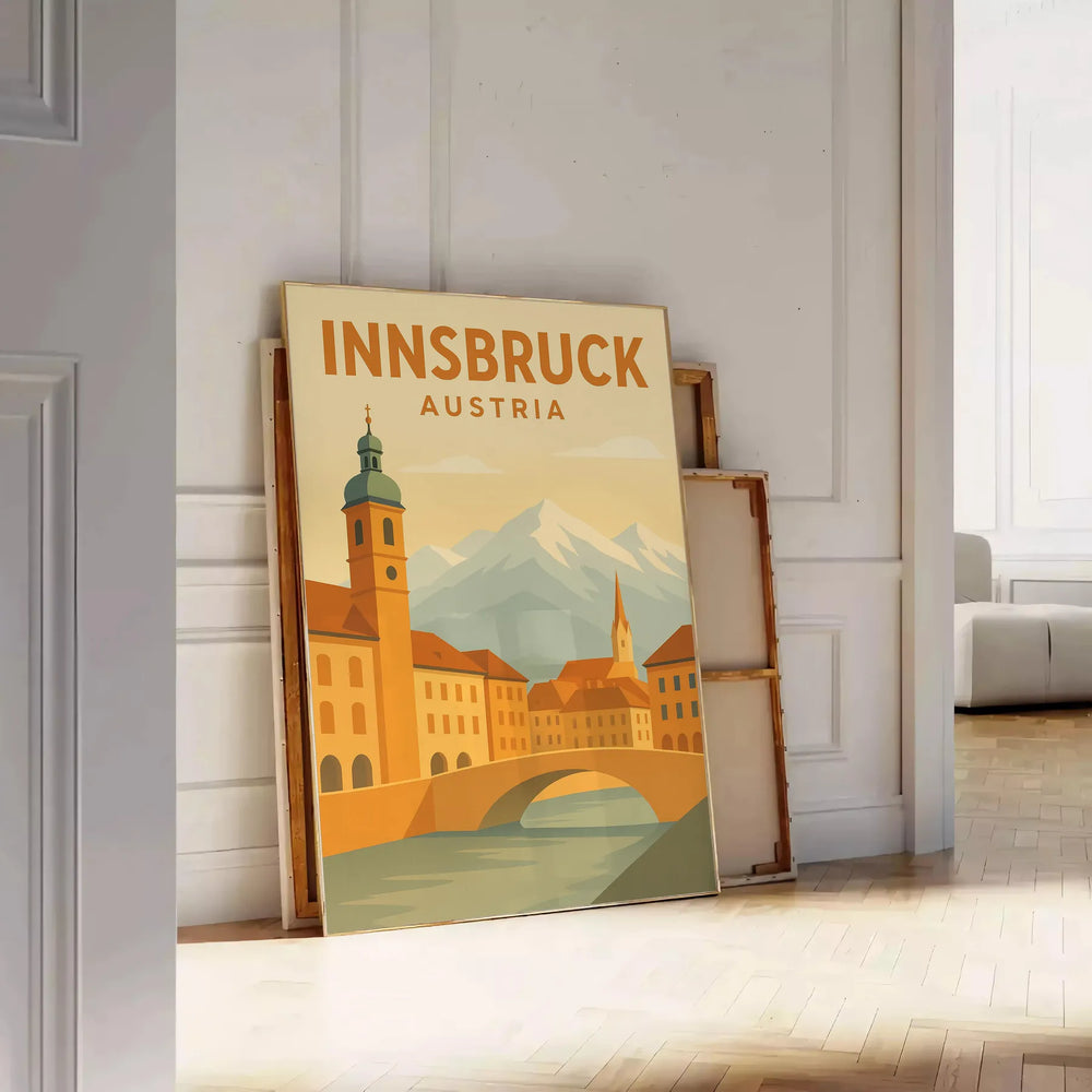Innsbruck alpine landscape poster in vintage travel style with green and brown tones