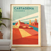 Plakat w stylu Art Deco przedstawiający Cartagena, Kolumbia w kolorach pomarańczowym i niebieskim