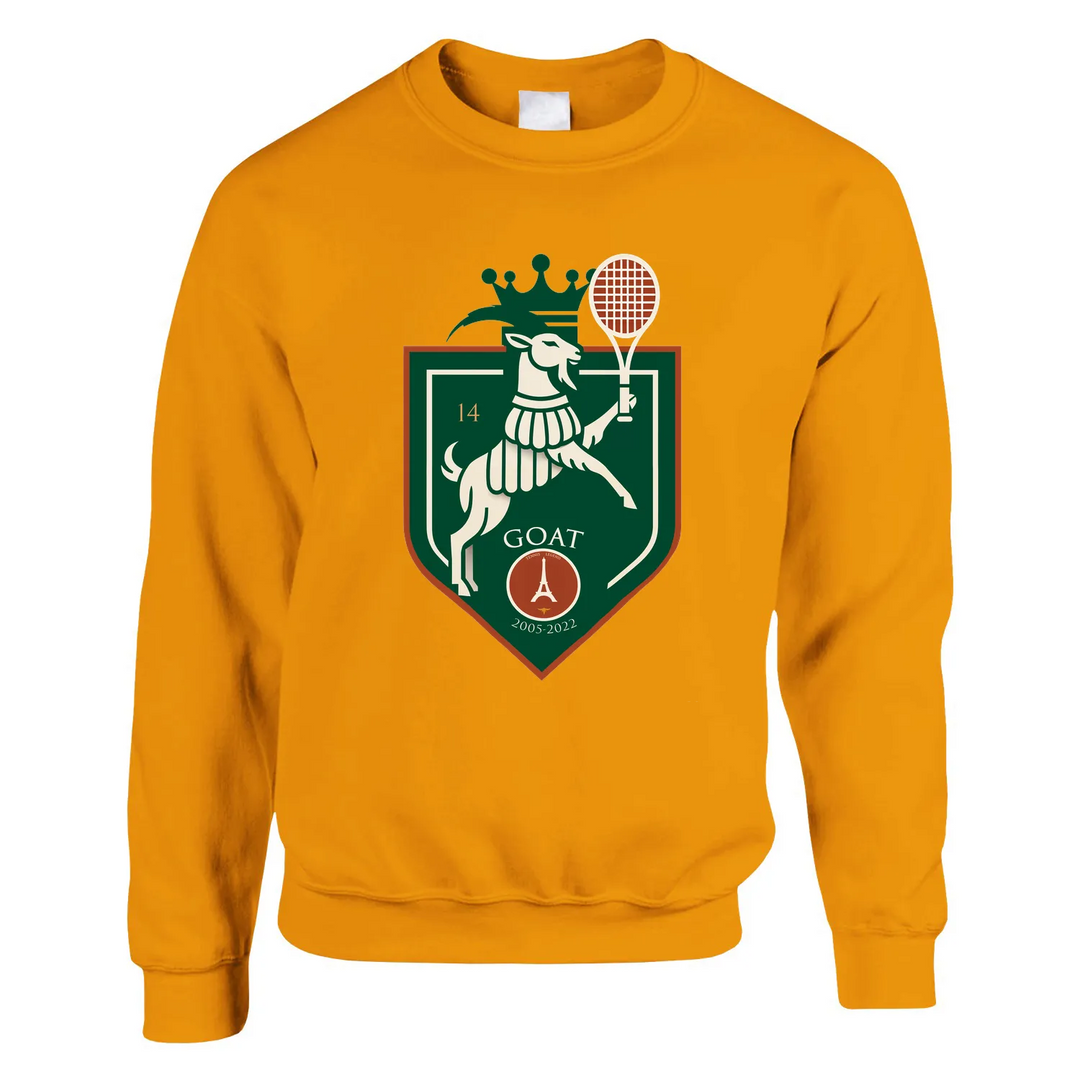 Sweater Tennis GOAT Rafa Paris, feito de 50% algodão e 50% poliéster, com toque suave e resistência ao desgaste. Design uniss