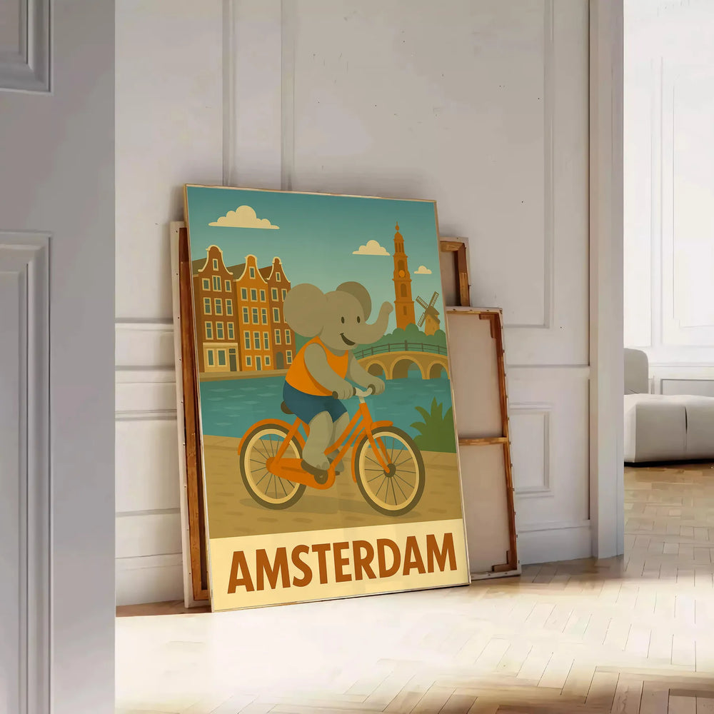 splash whimsy charming kid elephant rhinoceros cycling poster vibrant spirit Amsterdam serene gray green hues artwork playful touch space delightful today dimensions A4 cm A0