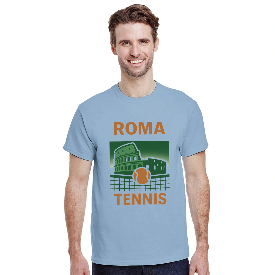 テニス愛好家に最適なローマテニスTシャツ。鮮やかなデザインでゲームの精神を称え、高品質な素材で快適さと耐久性を提供します。