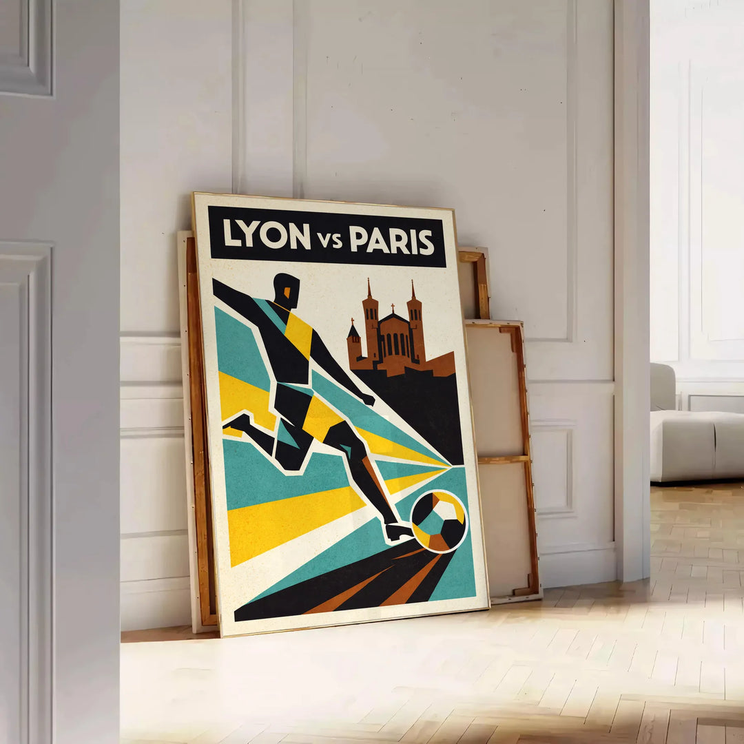 Plakat piłkarski Lyon, Francja w odważnym czarno-zielonym wzorze, dostępny w rozmiarach 50x70 i 30x40. Idealny dla fanów piłk