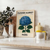 exquisite Flower Market Paris Botanical Poster available blue gray hues vintage art enthusiasts elegance space unframed options decor today