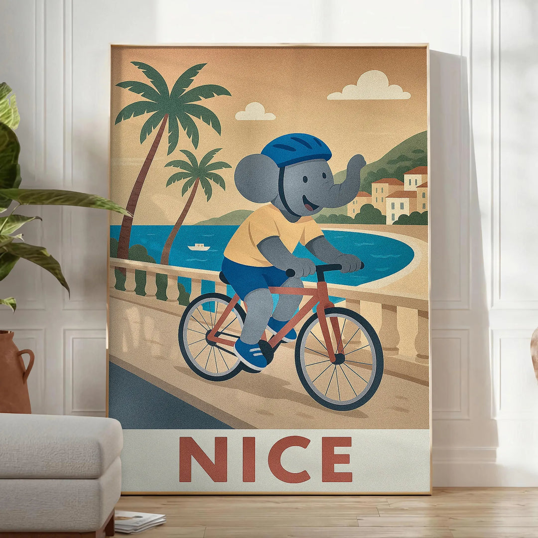 Ανανεώστε το δωμάτιο του παιδιού σας με την όμορφη αφίσα ελέφαντα που ποδηλατεί. Με ζωντανά μπλε και πράσινα χρώματα, αυτή η