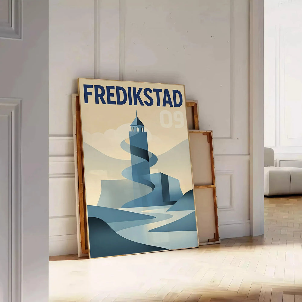 charm Fredrikstad Norway stunning Art Déco vintage poster sophisticated palette gray brown eye piece touch elegance space dimensions unframed options decor today