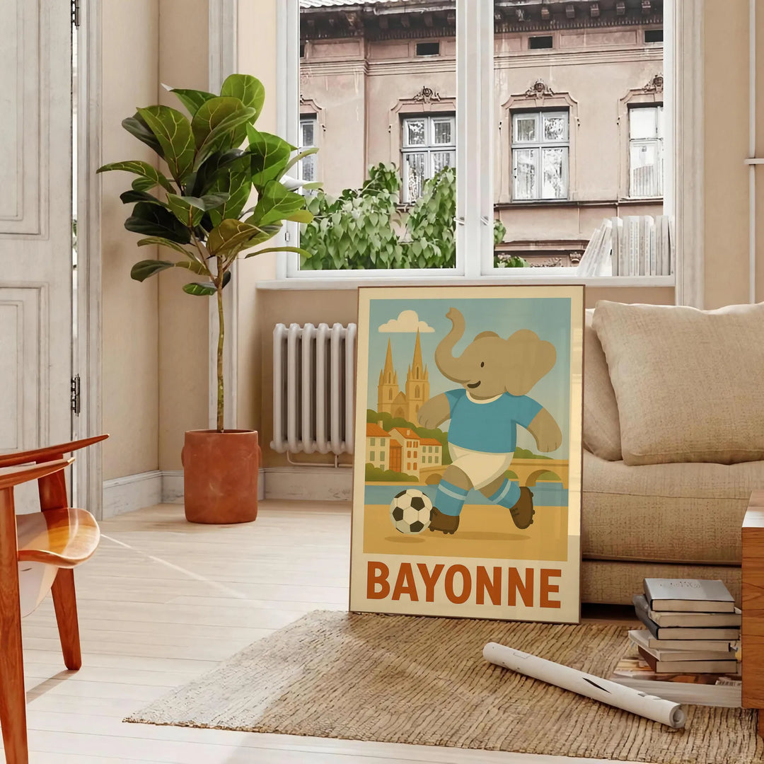 delightful Kid Elephant Bayonne Football poster vibrant gray green hues young sports enthusiasts eye art piece available dimensions touch fun room unframed formats