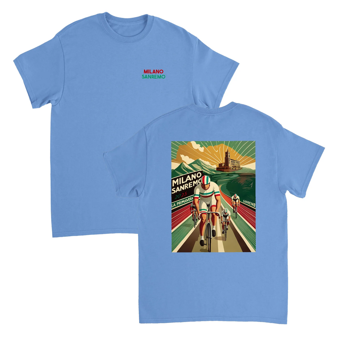 Koszulka Milano Sanremo z unikalnym wzorem, idealna dla miłośników kolarstwa. Dostępna w rozmiarach S, M, L, XL