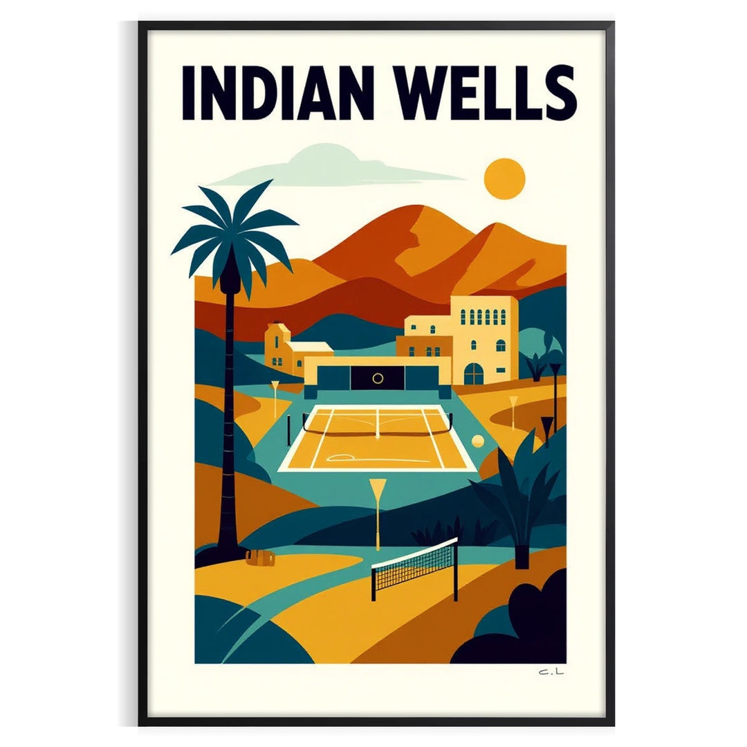 space vibrant Indian Wells tennis poster dynamic orange green hues fans sports enthusiasts eye artwork yours today spirit game available A4 cm A0