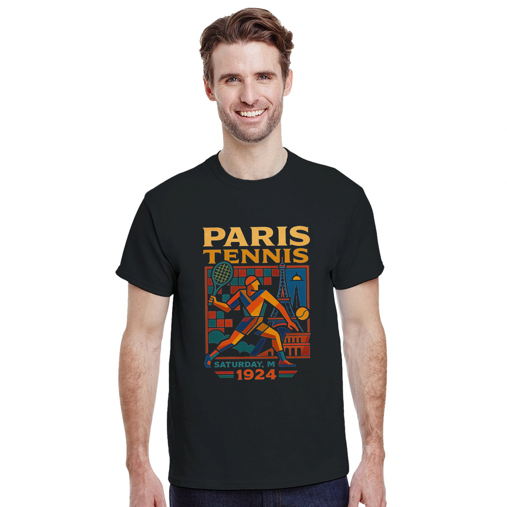 T-shirt time vintage 1924 Paris tennis t shirt unique tee whimsical cartoon design spirit classic sportsmanship lovers enthusiasts yours today effortless style comfort premium cotton durability