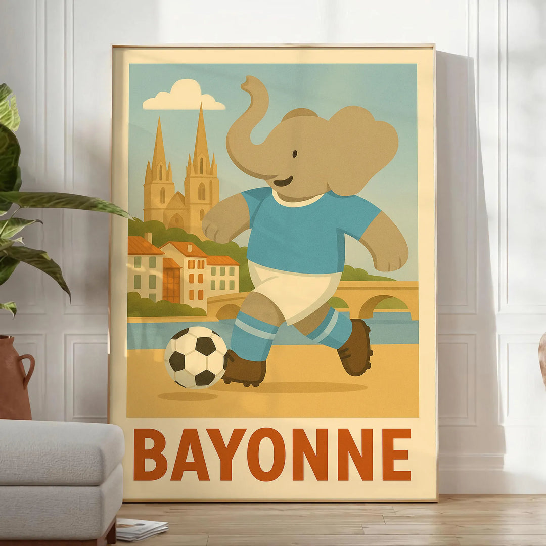 delightful Kid Elephant Bayonne Football poster vibrant gray green hues young sports enthusiasts eye art piece available dimensions touch fun room unframed formats