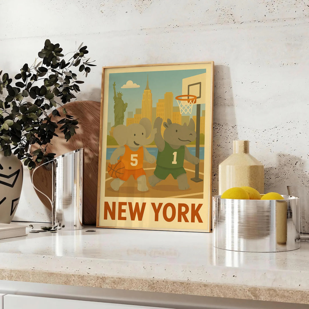 captivating Vintage Basketball Poster playful kid elephant rhinoceros New York scene stunning art deco masterpiece vibrant energy space gift chic wall decor