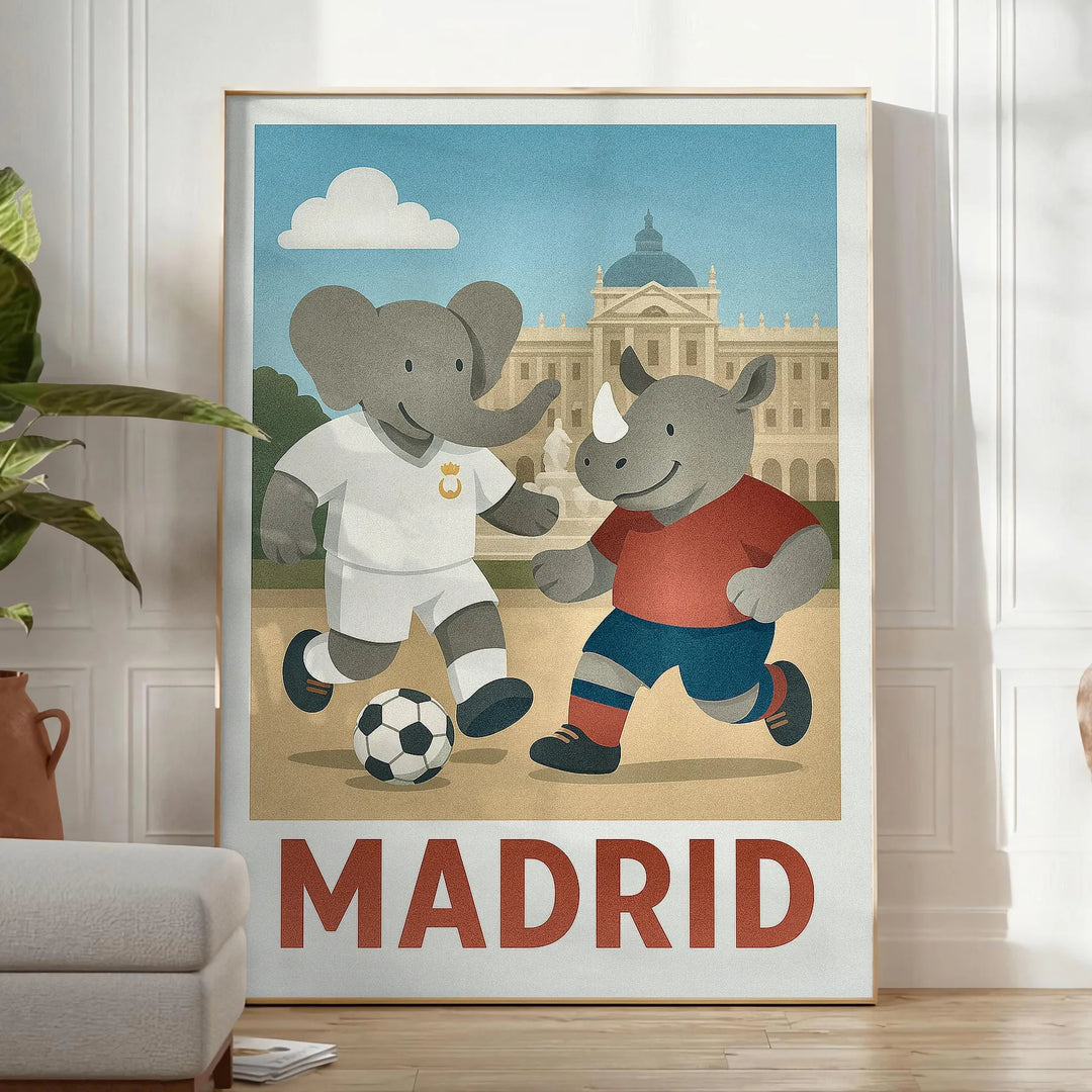 Πόστερ με ελέφαντα και ρινόκερο που παίζουν ποδόσφαιρο, ιδανικό για το δωμάτιο του παιδιού σας, σε φωτεινές αποχρώσεις μπλε κ