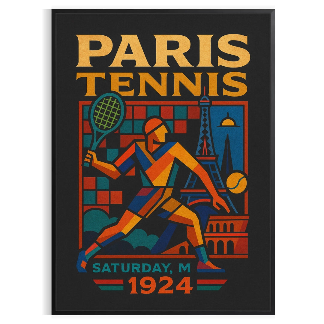 space stunning Paris 1924 vintage cartoon tennis poster elegant gray blue tones fans art lovers dimensions touch nostalgia decor A4 cm A0