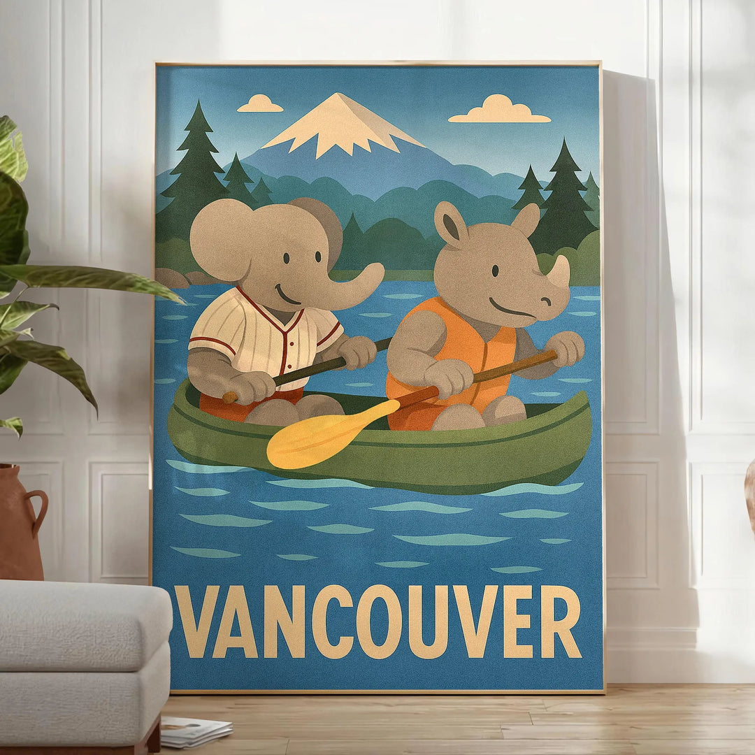 Ζωντανή αφίσα με ελέφαντα και ρινόκερο σε βάρκα, ιδανική για παιδικό δωμάτιο, διαθέσιμη σε διαστάσεις 50x70 ή 30x40