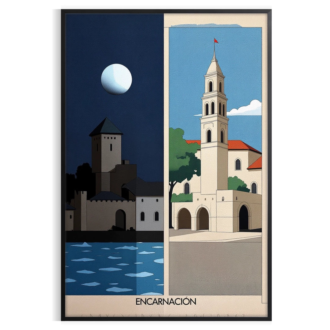 stunning Encarnación Paraguay Art Déco vintage poster vibrant orange green hues space eye design classic elegance decor available A4 cm A0