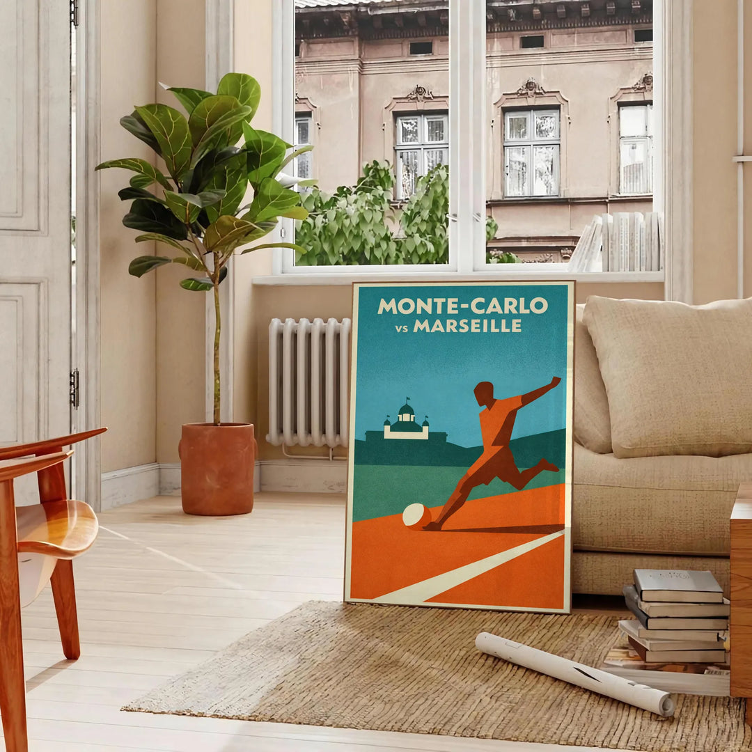 Poster di calcio Monte Carlo Monaco, con colori vivaci giallo e verde. Disponibile in formato 50x70 o 30x40, perfetto per dec