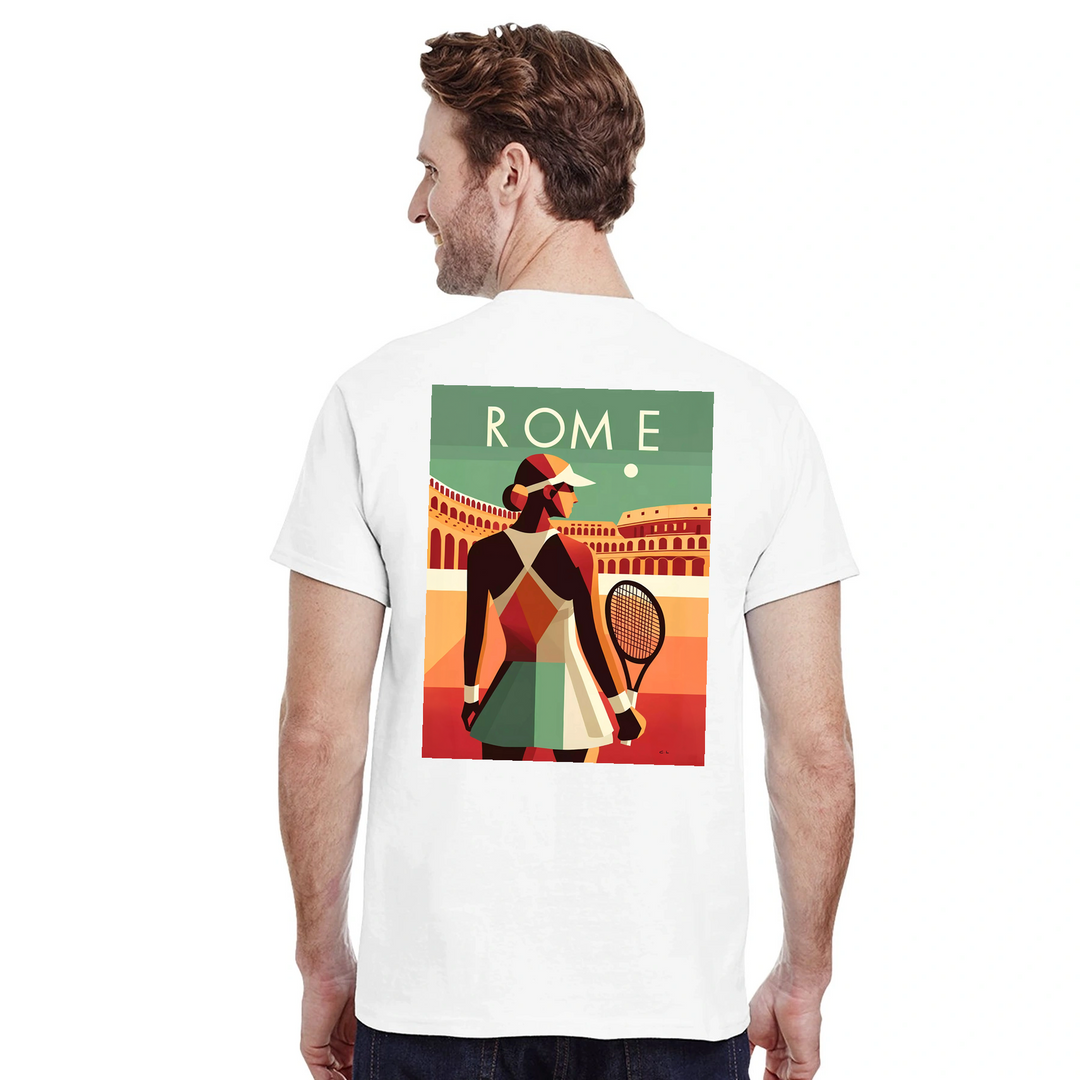 情熱的なファンとスタイリッシュなアスリートのためにデザインされたローマテニスTシャツ。コート内外での着用に最適な鮮やかなテニスグラフィックが特徴。柔らかく通気性のあるコットン素材で快適さを提供します。