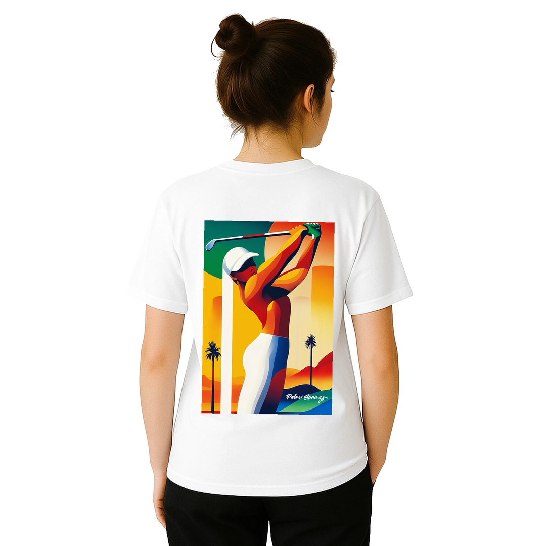 パームスプリングスゴルフTシャツは、明るいデザインが特徴で、ゴルフ場でも普段使いでも活躍する一枚です。サイズはSからXXLまで揃っています。