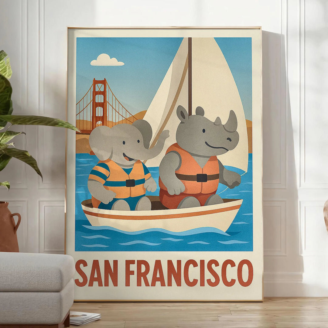 Χαρούμενη αφίσα με ένα παιδικό ελέφαντα και ρινόκερο να πλέουν σε μια πολύχρωμη σκηνή του Σαν Φρανσίσκο, διαθέσιμη σε μεγέθη
