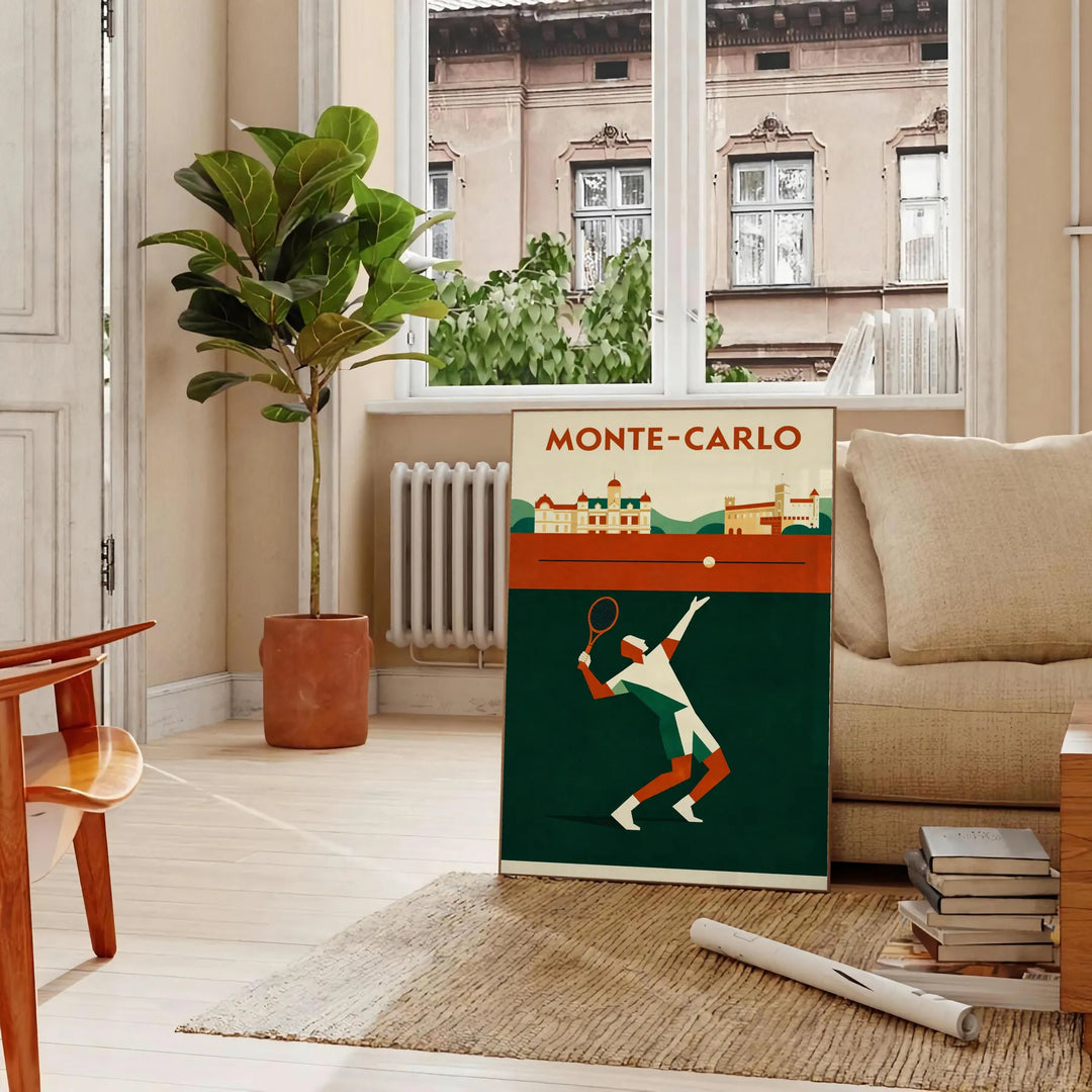 Póster de ténis Monte-Carlo Monaco, design cativante em preto e laranja, disponível em 50x70 ou 30x40 cm, ideal para amantes