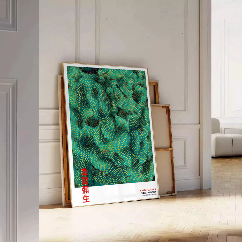 stunning Yayoi Kusama poster captivating flow brown green hues art enthusiasts modern decor lovers touch Japanese elegance space dimensions A4 cm A0 wall today