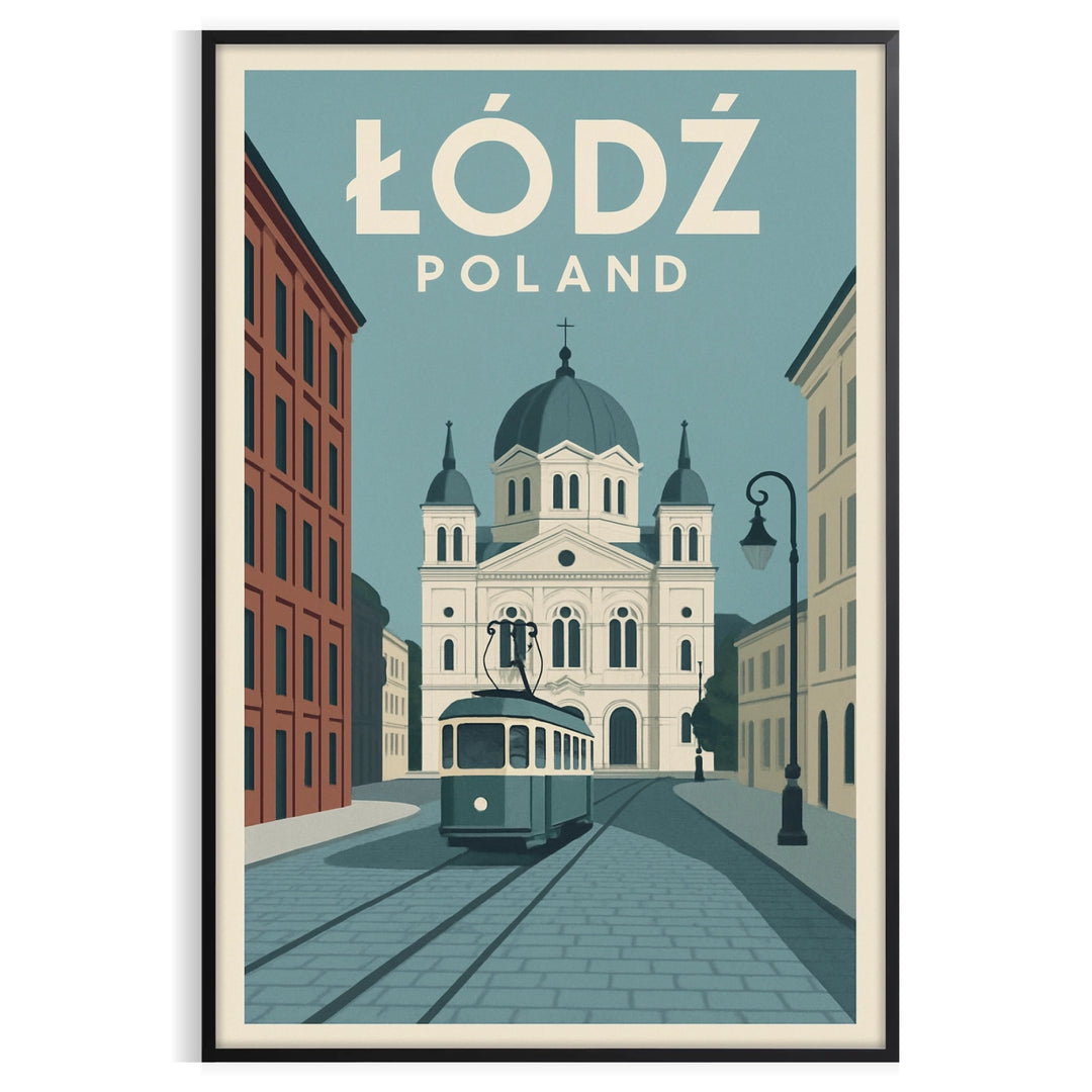 Łódź cityscape poster in orange and green, modern minimalist graphic print