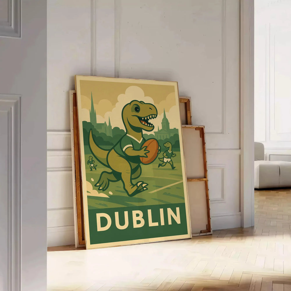 vintage rugby poster playful dinosaur theme perfect kids unique print blends art deco style whimsical Dublin vibe dimensions cm ideal young enthusiast room A4 A0