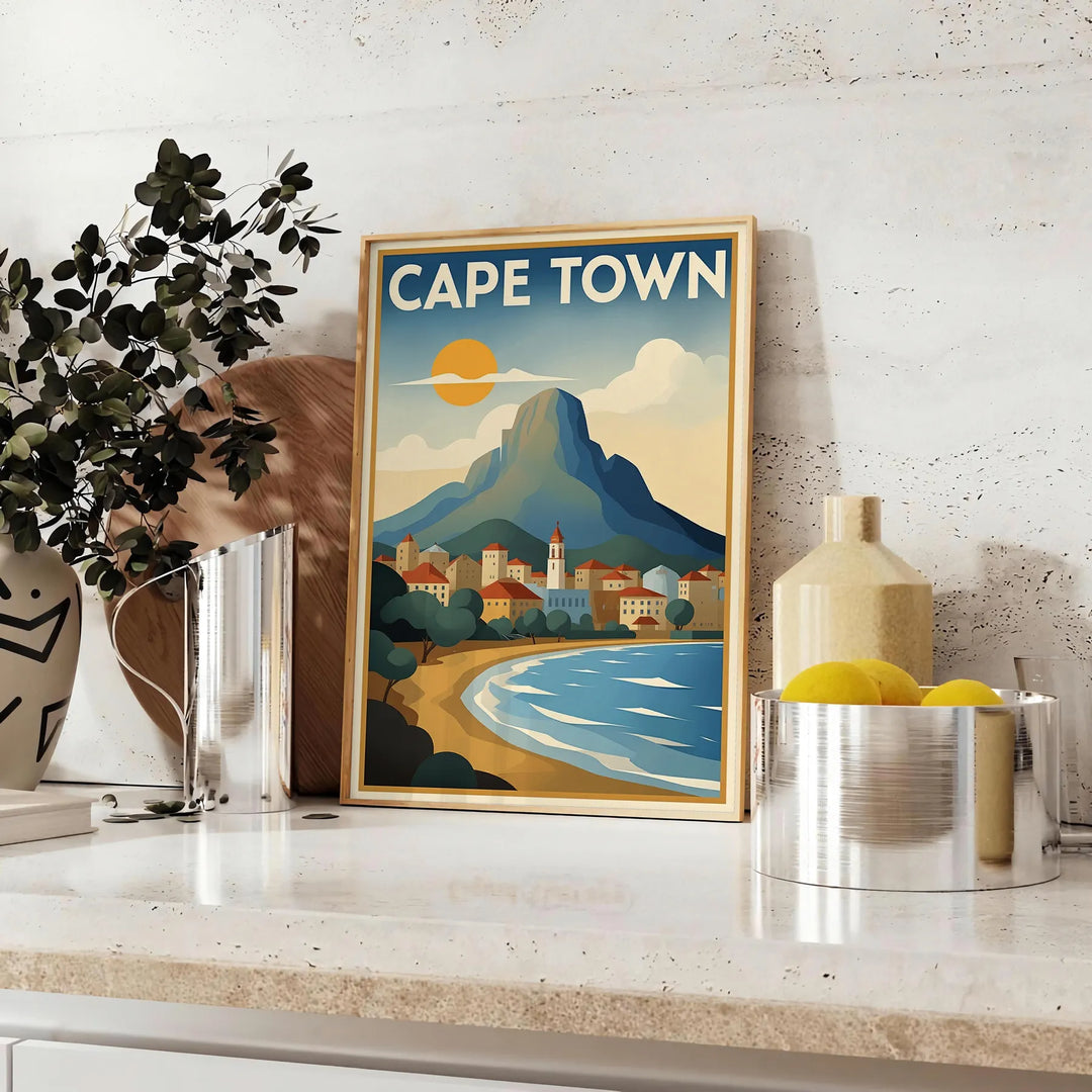 charm Cape Town vintage travel poster Art Deco style stunning orange blue hues perfect touch nostalgia room captivating today convenience
