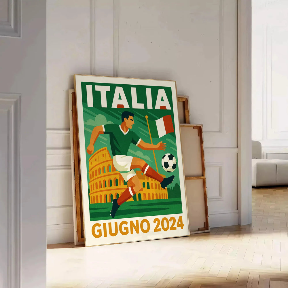 space stunning Italia football poster vibrant orange white colors passion game fans collectors today two convenient sizes cm A4 A0