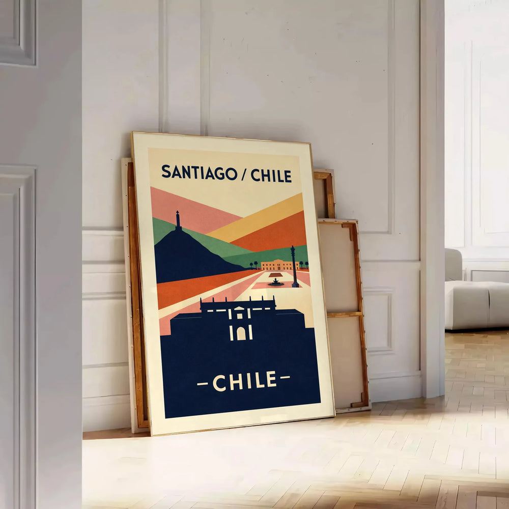charm Santiago Chile stunning vintage travel art deco poster vibrant orange black colors eye piece perfect space dimensions today available
