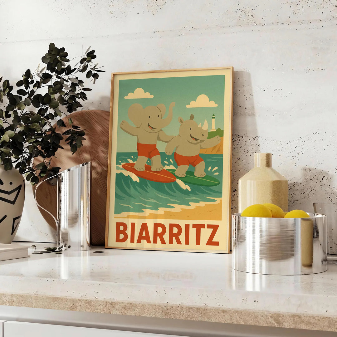 whimsical world Biarritz Kids Surf poster playful elephants rhinos gray green backdrop nurseries playrooms eye design adventure choice sizes A4 cm A0