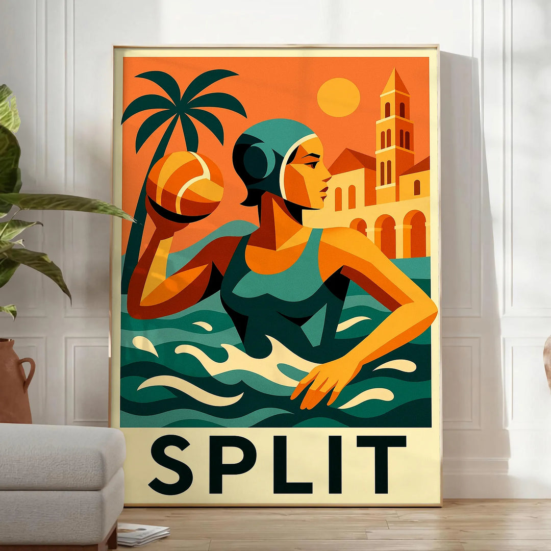 Pôster de desporto de polo aquático Split, disponível em várias dimensões, com cores vibrantes em verde e vermelho, ideal par