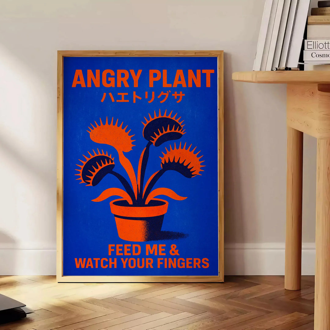 Vacker vintage botanisk affisch med köttätande växter i livfulla orange och svarta nyanser, perfekt för naturälskare. Finns i