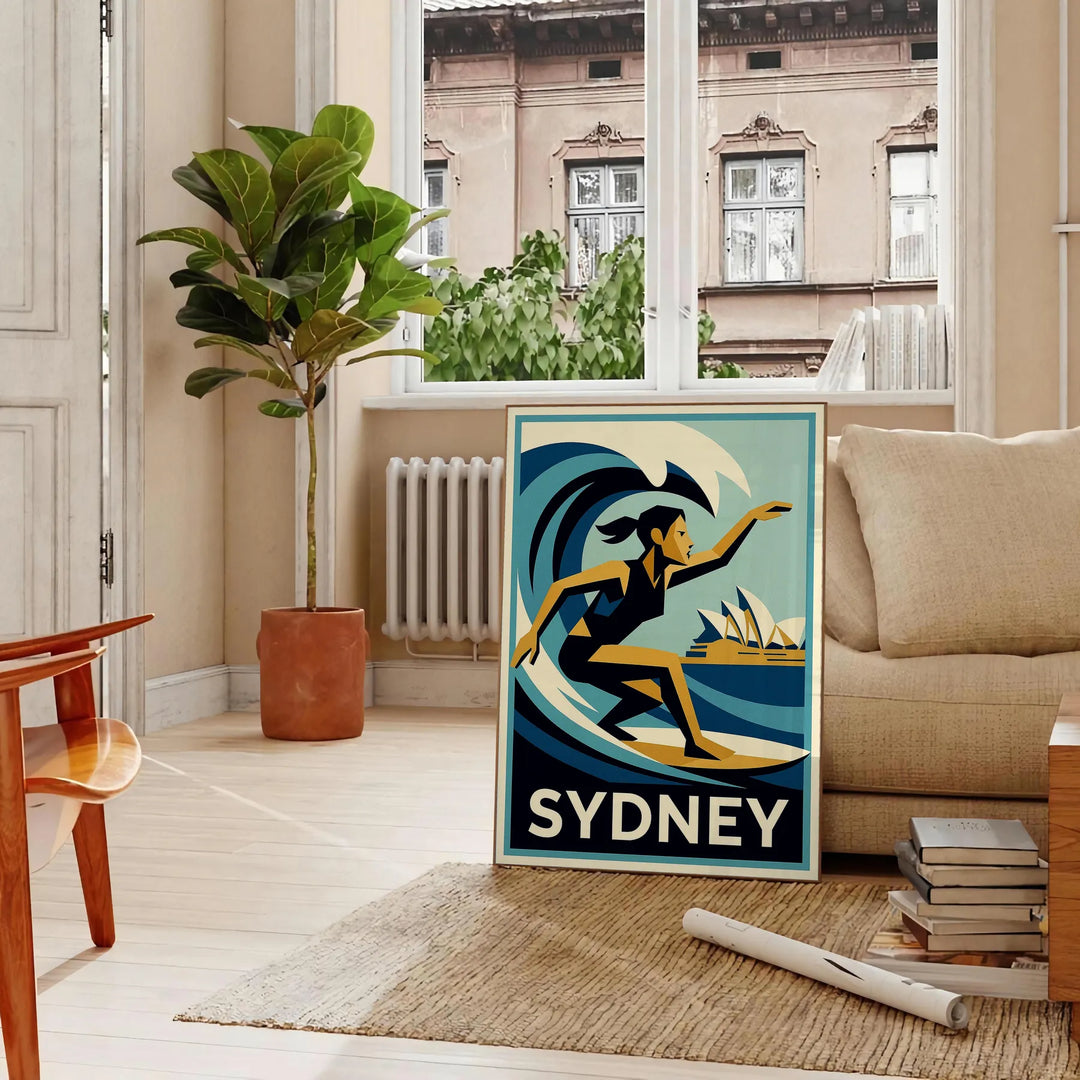 Stilren poster som fångar den livliga energin från surfen i Sydney, i gröna och grå nyanser. Finns i storlekarna 50x70 eller