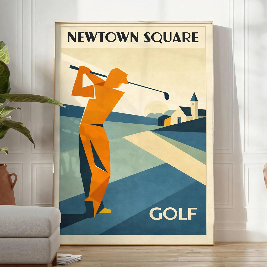 Pôster vintage de golfe Newtown Square com paleta verde e cinza, ideal para entusiastas do golfe e como presente para pais