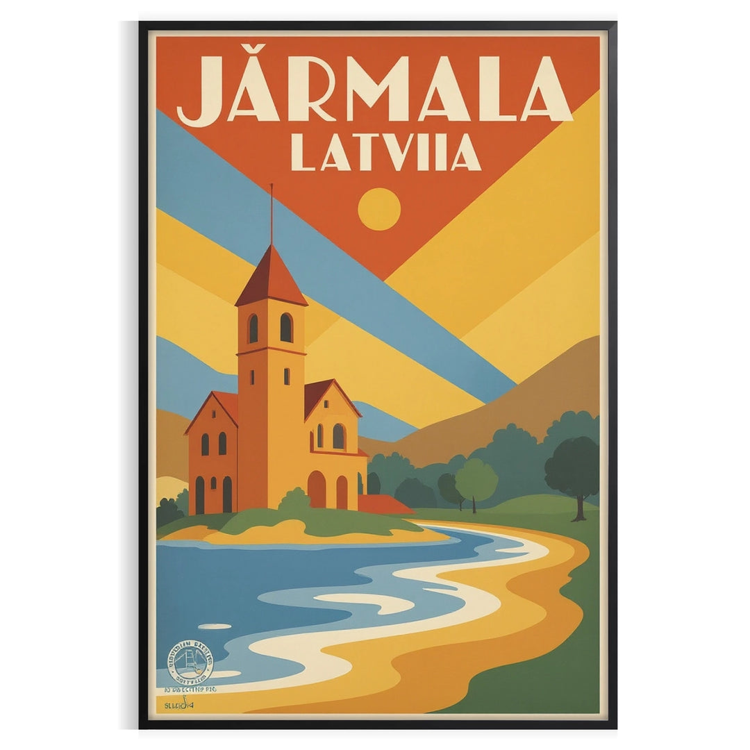 charm Jūrmala Latvia stunning vintage travel poster Art Deco style vibrant orange sophisticated gray space touch nostalgia decor unframed options today