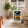 Blue and black Art Déco Asunción Paraguay poster with vintage city silhouette