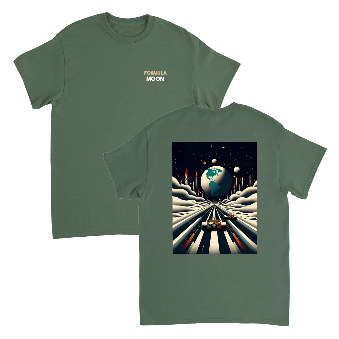 T-shirt Formula Moon con design lunare unico, ideale per appassionati di astronomia. Morbido cotone per un comfort duraturo